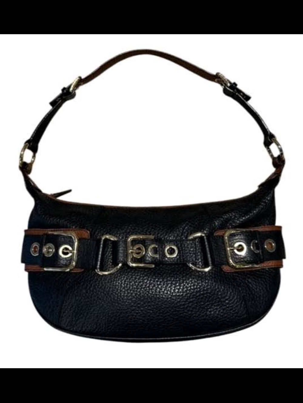 Black Leather Shoulder Hobo with Buckle Detail